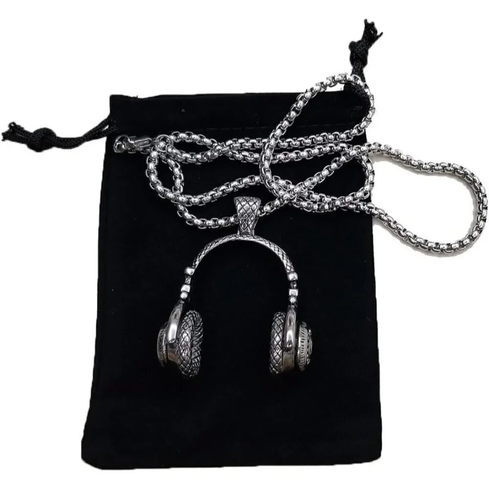 New Silver Stainless Steel Headphone Pendant Necklace for Men | DJ Music Gift